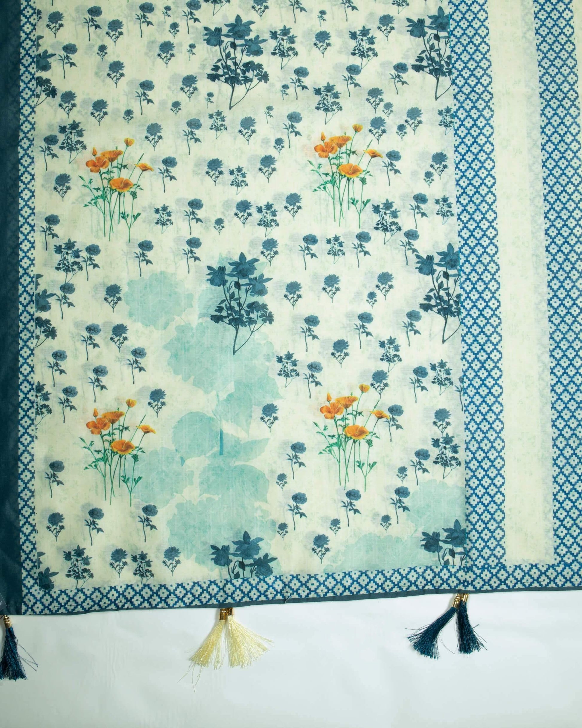 Bayoux Blue And Cream Floral Pattren Digital Print Chanderi Dupatta With Tassels - Fabcurate