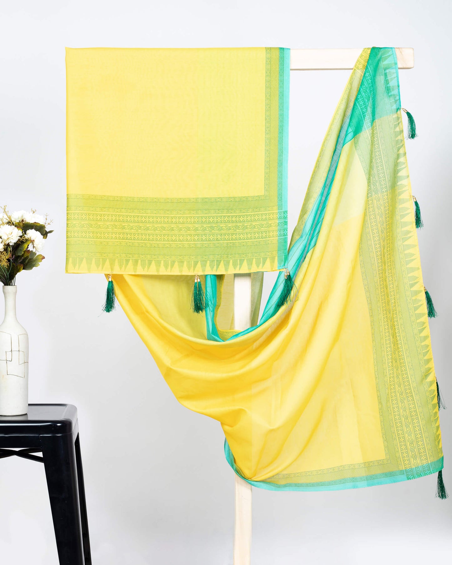 Honey Yellow And Turquoise Stripes Pattren Digital Print Chanderi Dupatta With Tassels