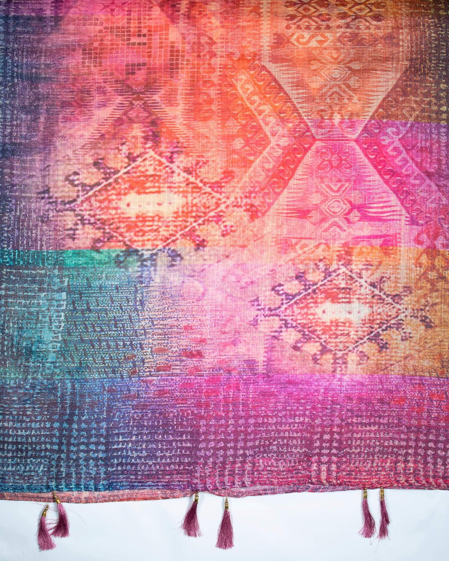 Multi-Color Abstract Pattern Digital Print Kota Doria Dupatta With Tassels - Fabcurate