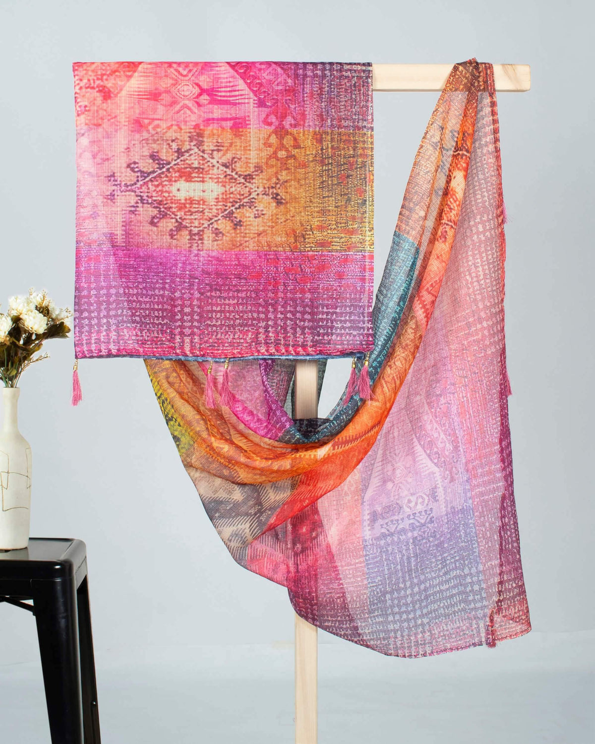 Multi-Color Abstract Pattern Digital Print Kota Doria Dupatta With Tassels - Fabcurate