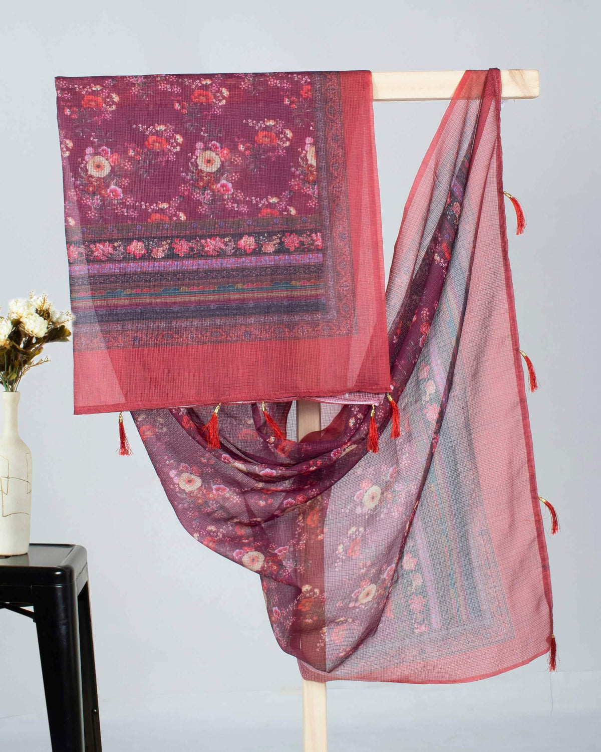 Maroon And Hippie Pink Floral Pattern Digital Print Kota Doria Dupatta With Tassels - Fabcurate