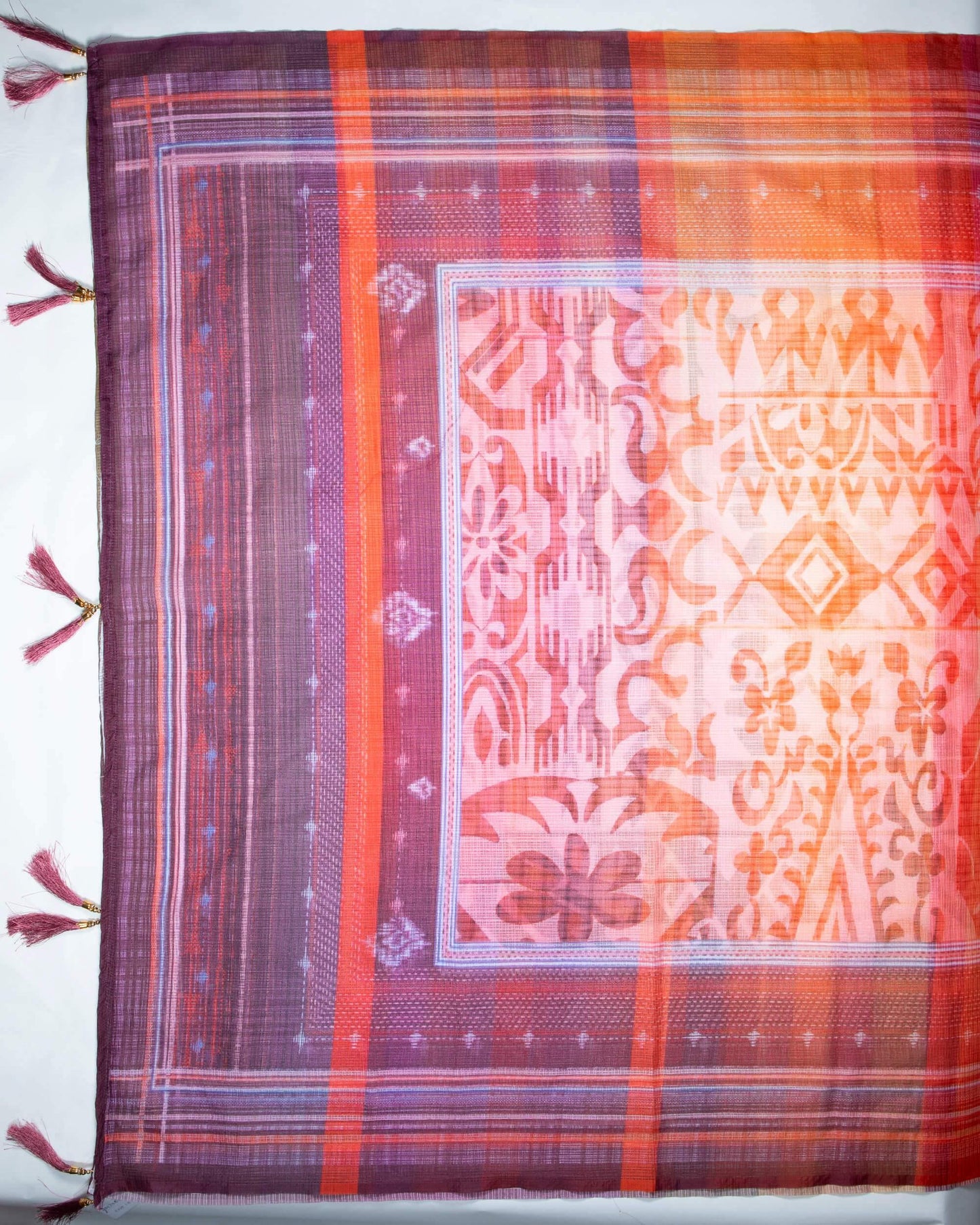 Maroon And Orange Traditional Pattern Digital Print Kota Doria Dupatta With Tassels - Fabcurate
