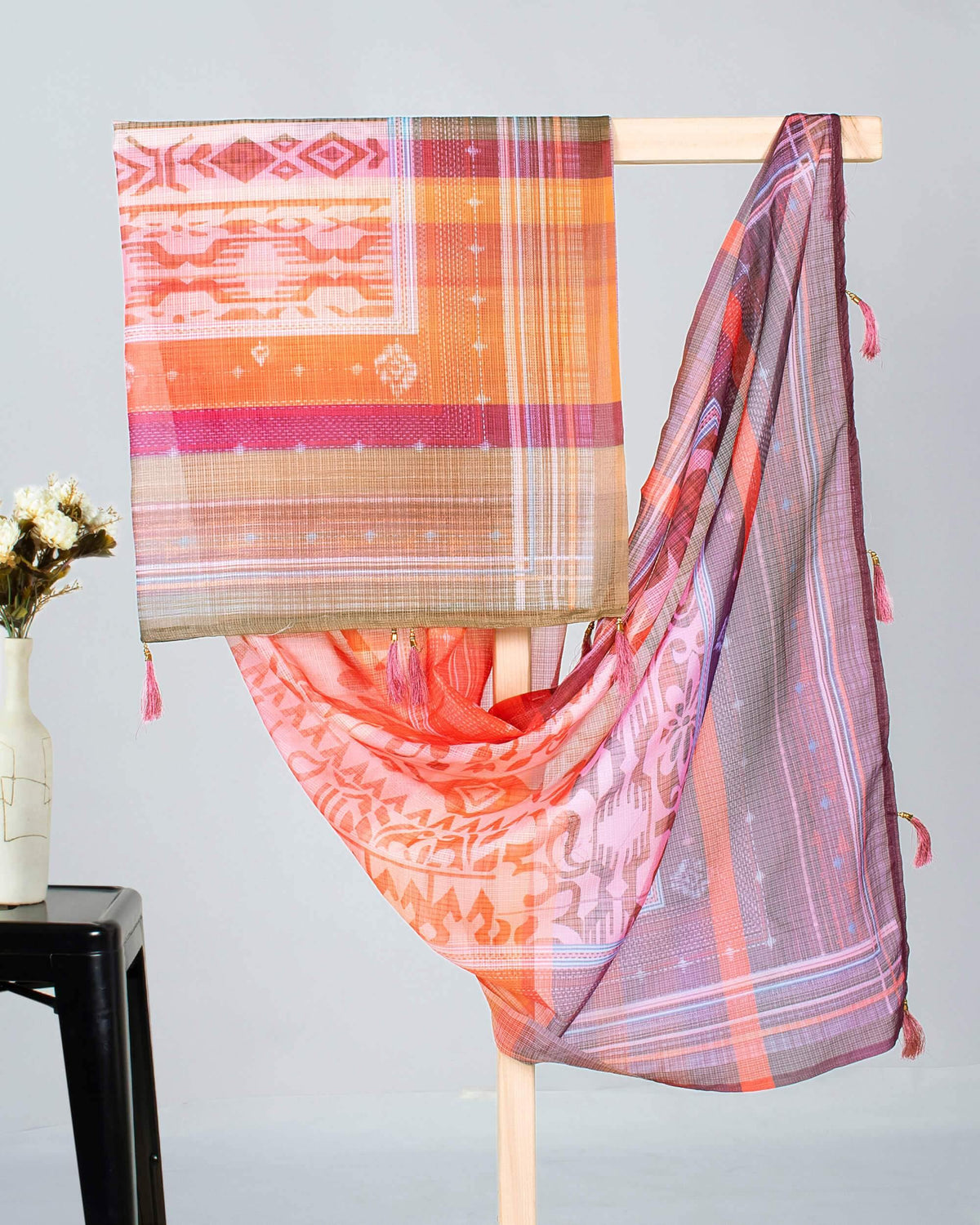 Maroon And Orange Traditional Pattern Digital Print Kota Doria Dupatta With Tassels - Fabcurate