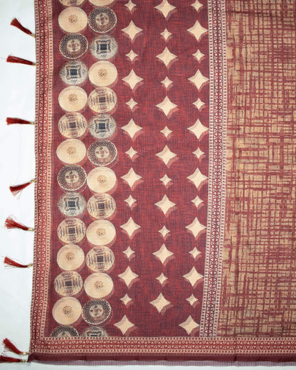 Maroon And Oyster Beige Brush Pattern Digital Print Kota Doria Dupatta With Tassels - Fabcurate