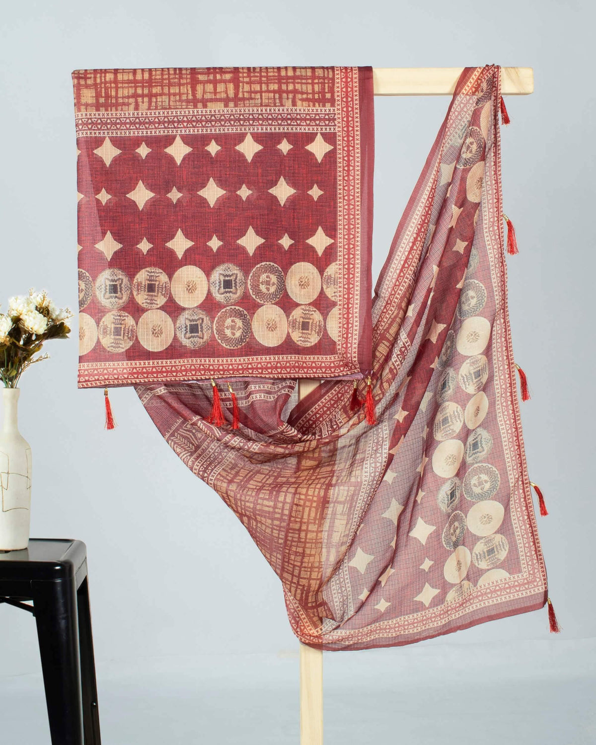 Maroon And Oyster Beige Brush Pattern Digital Print Kota Doria Dupatta With Tassels - Fabcurate