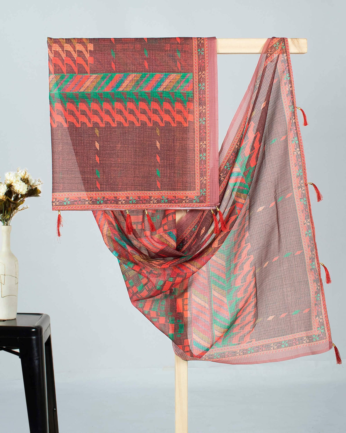 Orange And Green Abstract Pattern Digital Print Kota Doria Dupatta With Tassels - Fabcurate