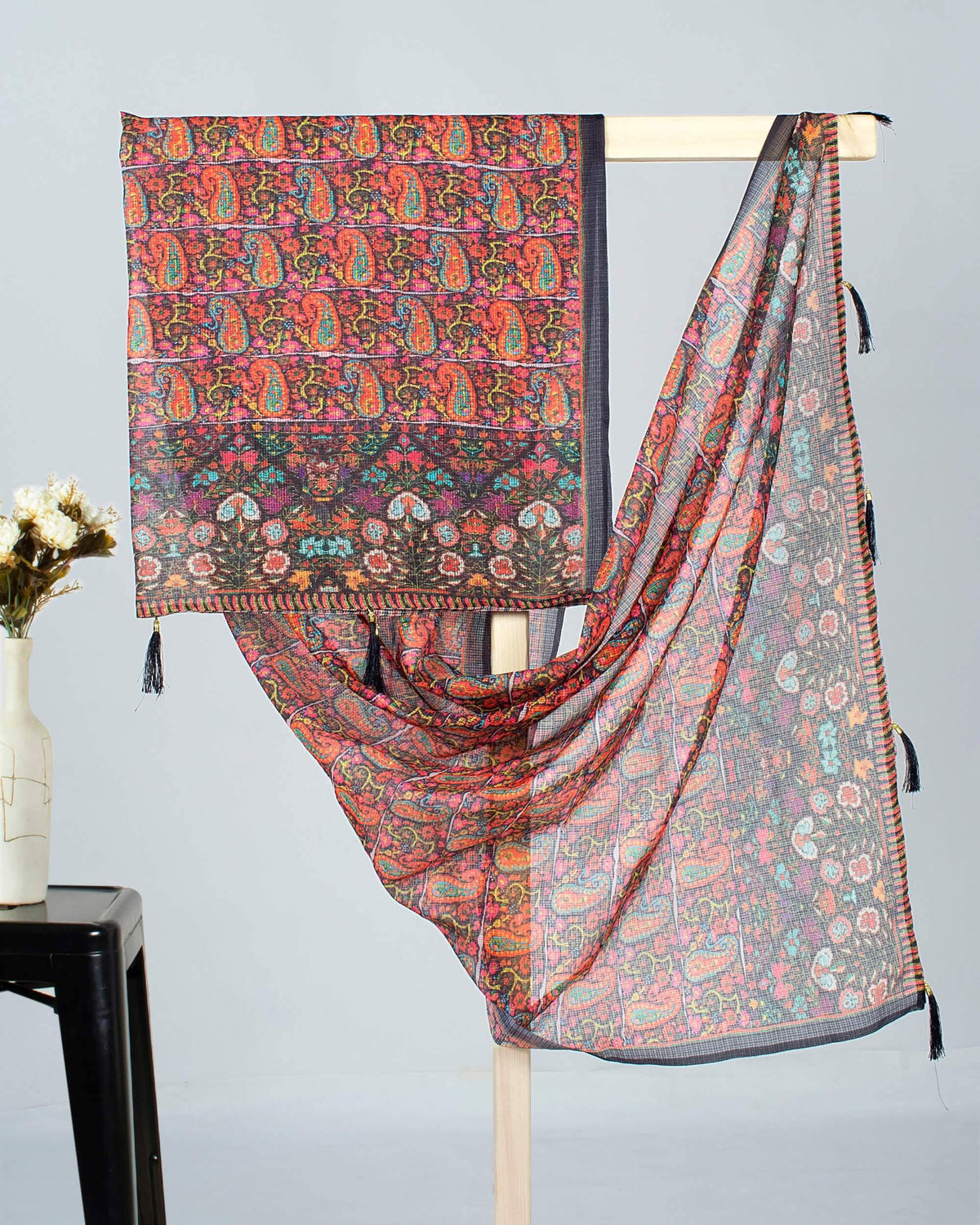 Black And Orange Paisely Pattern Digital Print Kota Doria Dupatta With Tassels - Fabcurate