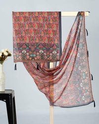 Black And Orange Paisely Pattern Digital Print Kota Doria Dupatta With Tassels - Fabcurate