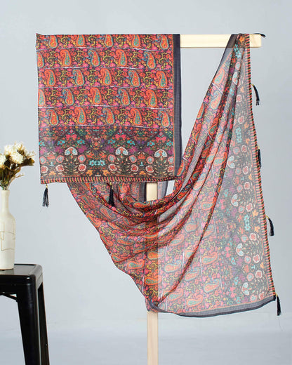 Black And Orange Paisely Pattern Digital Print Kota Doria Dupatta With Tassels - Fabcurate