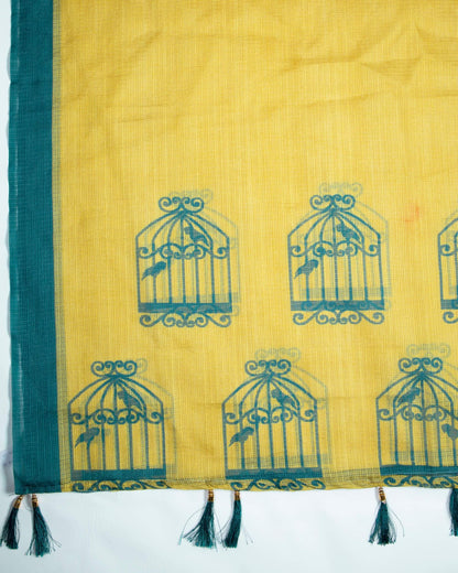 Stone Blue And Trombone Yellow Quirky Pattern Digital Print Kota Doria Dupatta With Tassels - Fabcurate