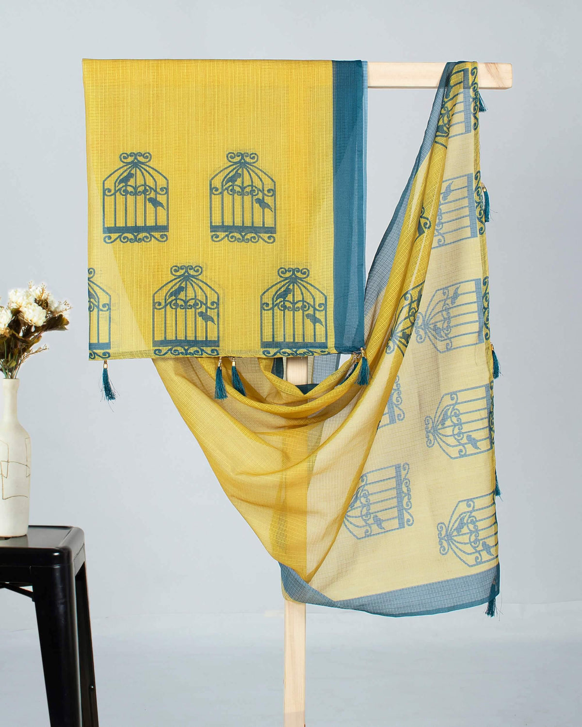 Stone Blue And Trombone Yellow Quirky Pattern Digital Print Kota Doria Dupatta With Tassels - Fabcurate