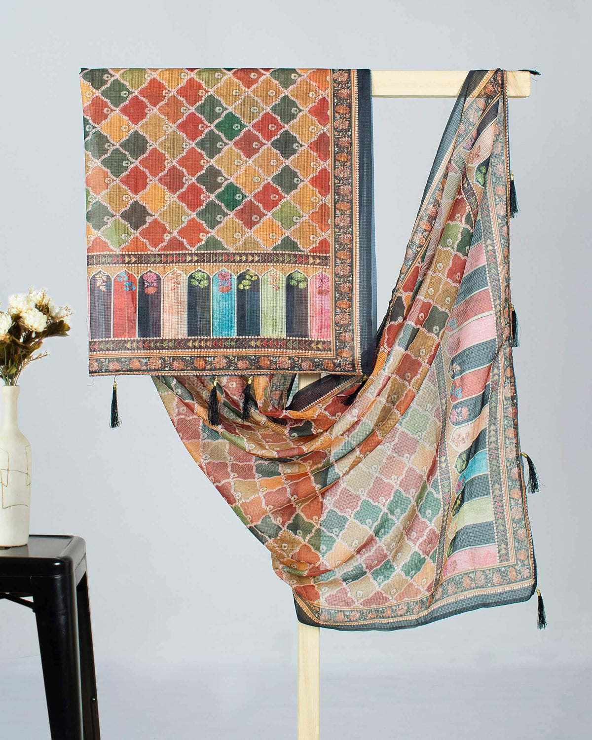 Marron And Black Traditional Pattern Digital Print Kota Doria Dupatta With Tassels - Fabcurate