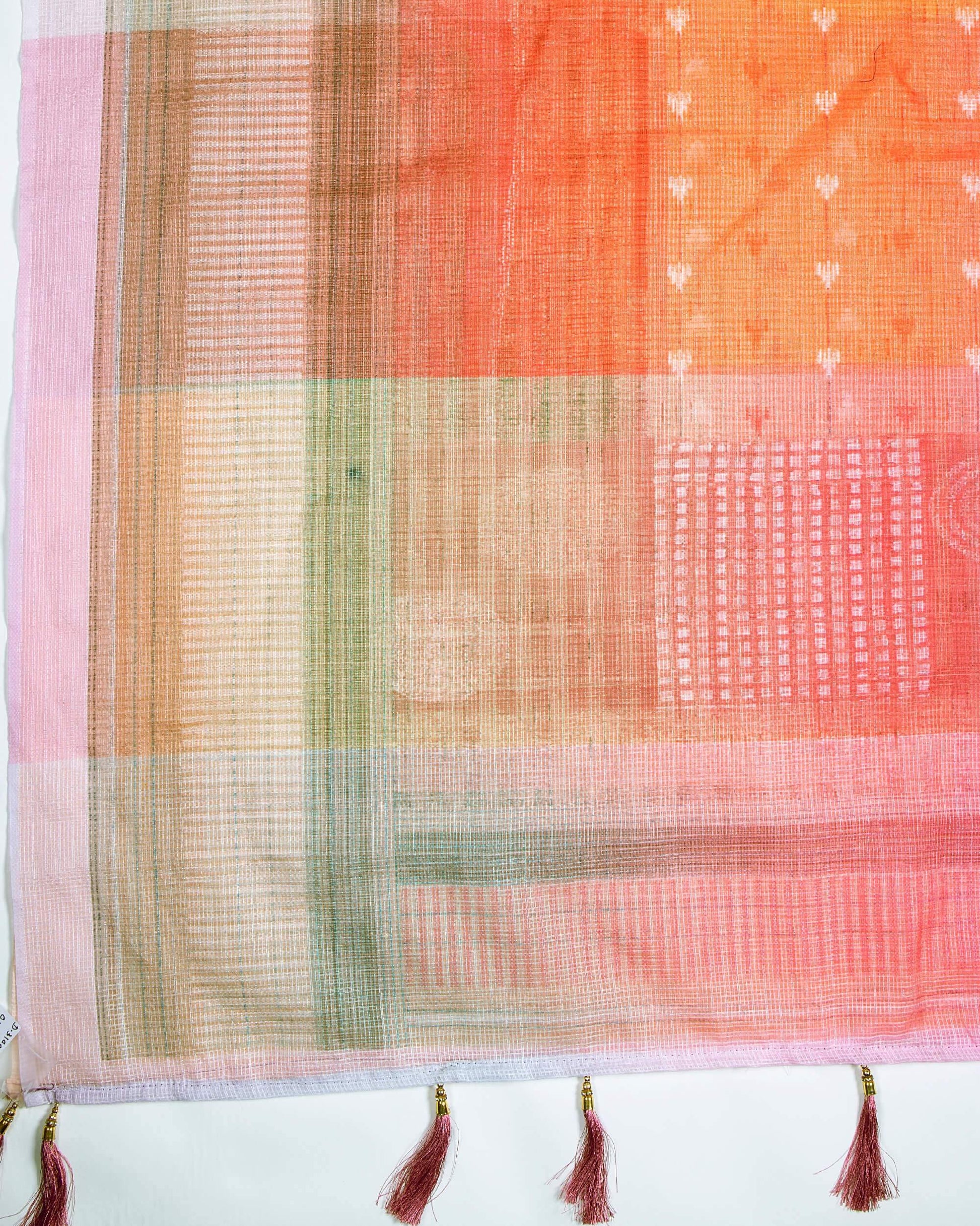 Baby Pink And Yellow Abstract Pattern Digital Print Kota Doria Dupatta With Tassels - Fabcurate
