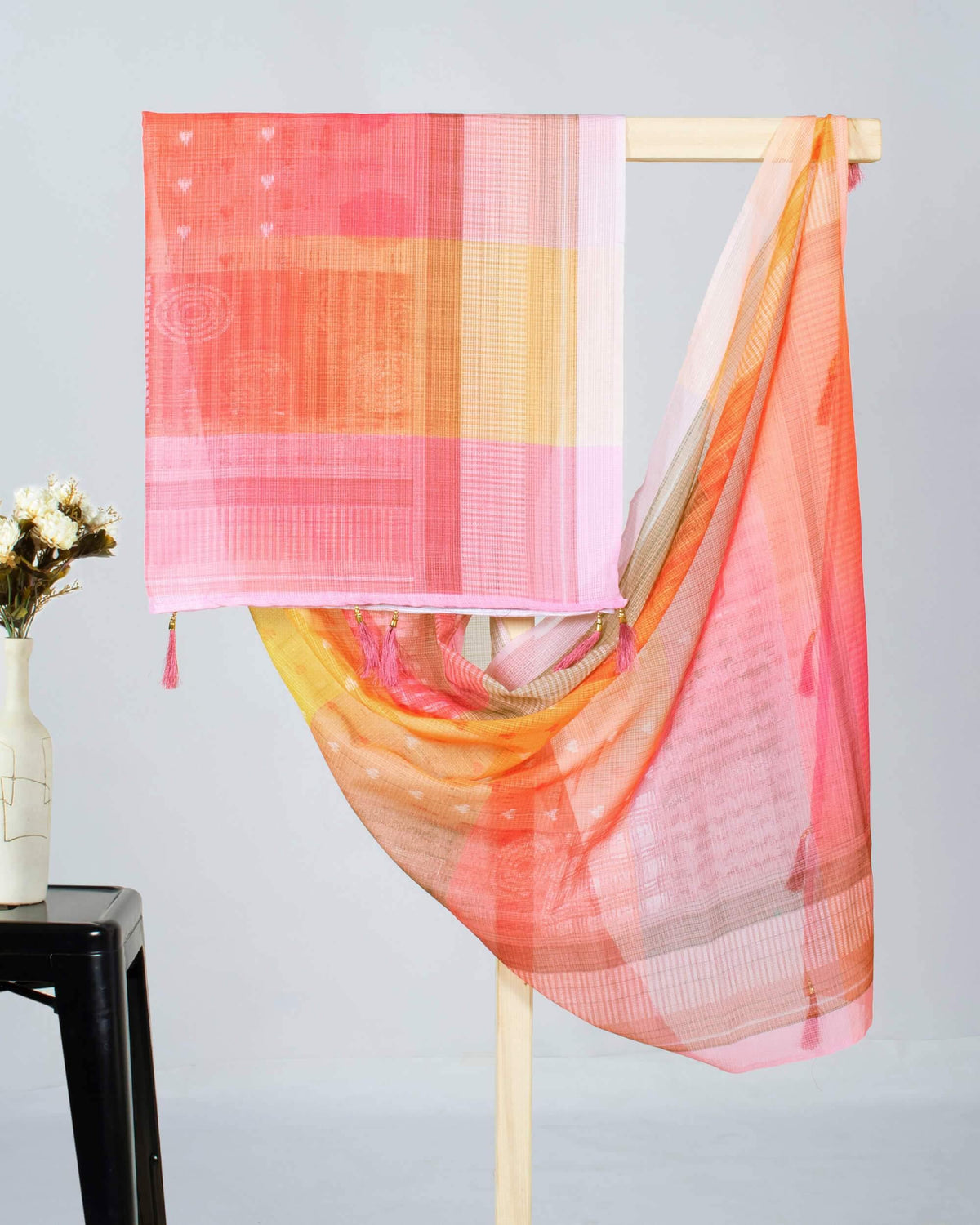 Baby Pink And Yellow Abstract Pattern Digital Print Kota Doria Dupatta With Tassels - Fabcurate