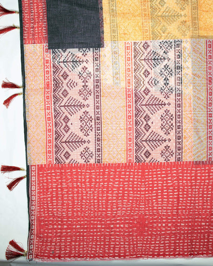 Red And Trombone Yellow Chavron Pattern Digital Print Kota Doria Dupatta With Tassels - Fabcurate