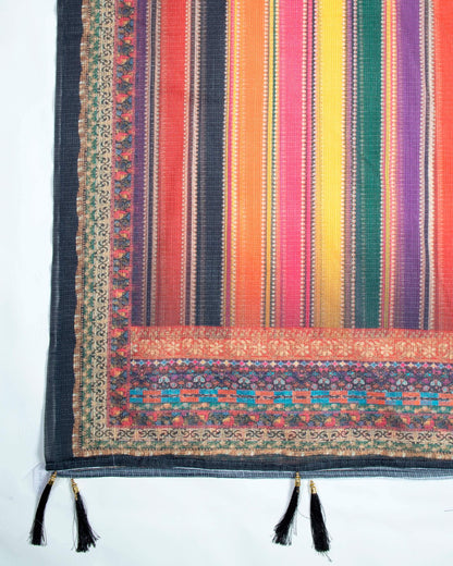 Multi-Color Stripes Pattern Digital Print Kota Doria Dupatta With Tassels - Fabcurate