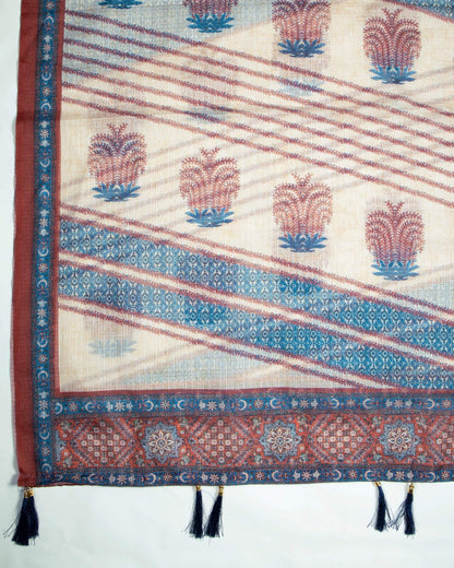 Seal Brown And Yale Blue Floral Pattern Digital Print Kota Doria Dupatta With Tassels - Fabcurate