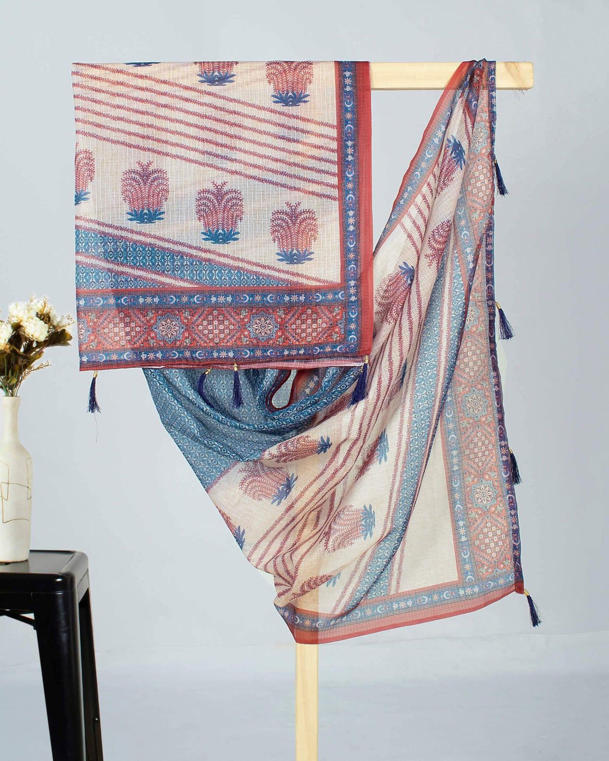 Seal Brown And Yale Blue Floral Pattern Digital Print Kota Doria Dupatta With Tassels - Fabcurate