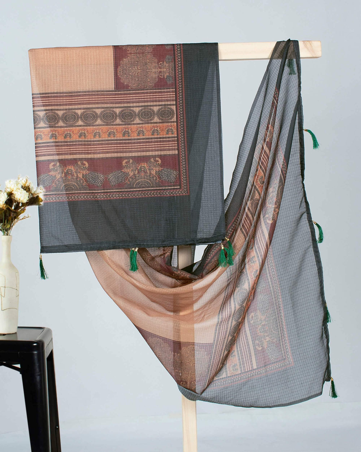 Dark Green And Beige Ethnic Pattern Digital Print Kota Doria Dupatta With Tassels - Fabcurate