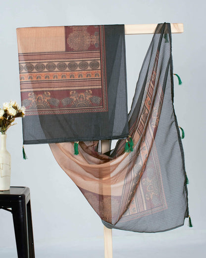 Dark Green And Beige Ethnic Pattern Digital Print Kota Doria Dupatta With Tassels - Fabcurate
