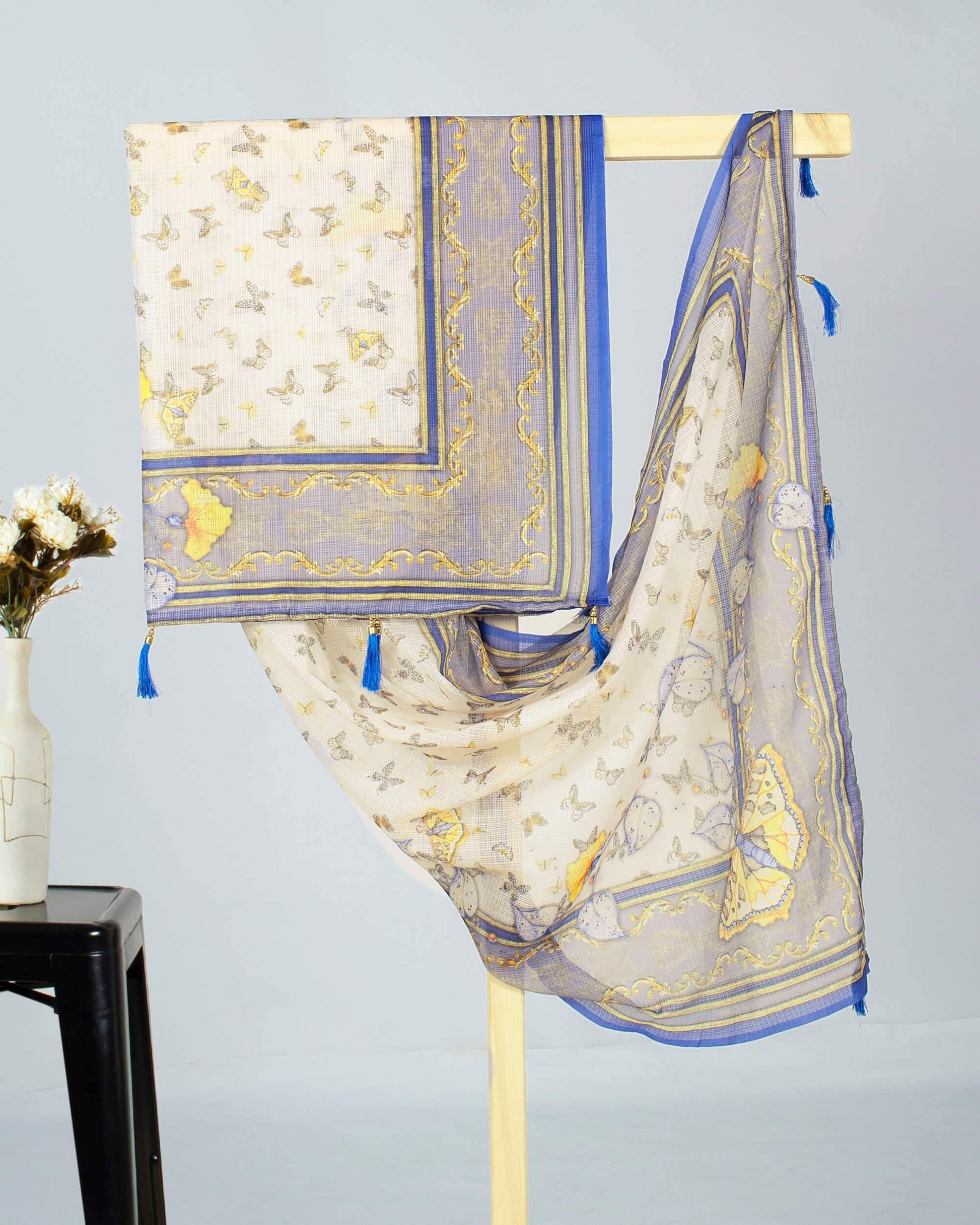 Ivory Cream And Yale Blue Butterfly Pattern Digital Print Kota Doria Dupatta With Tassels - Fabcurate