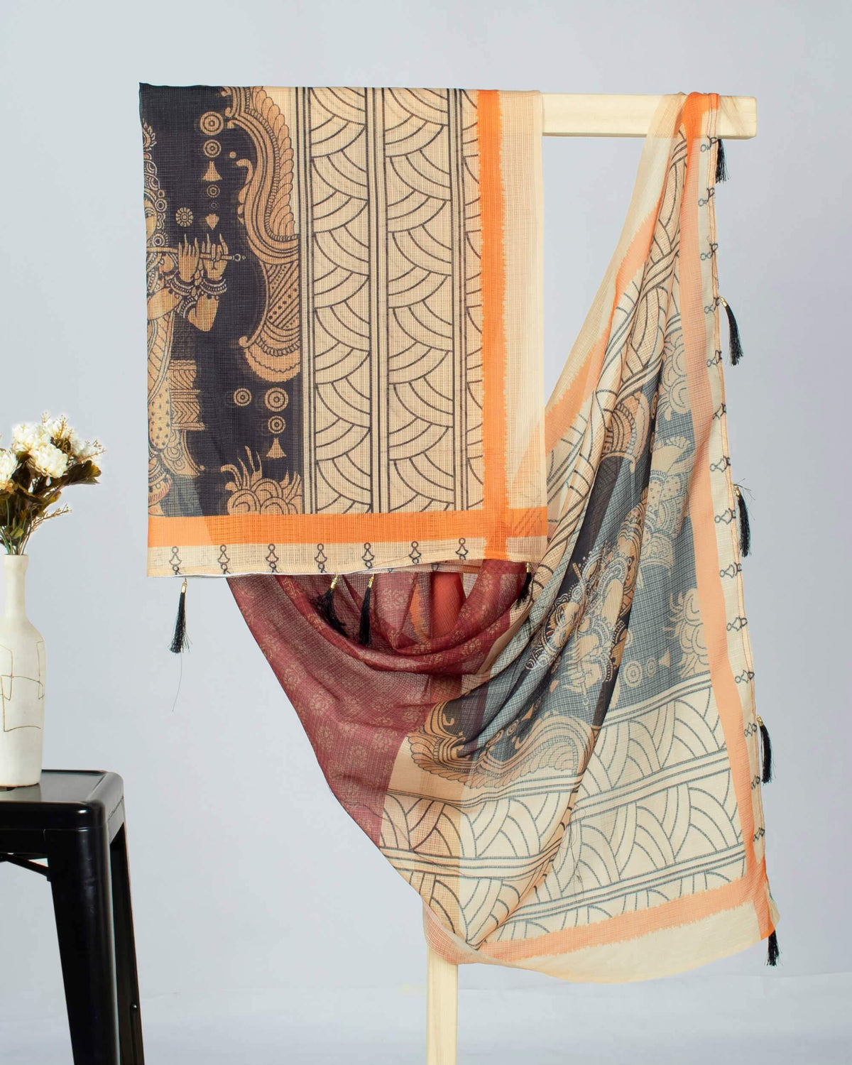 Oyster Beige And Maroon Booti Pattern Digital Print Kota Doria Dupatta With Tassels - Fabcurate
