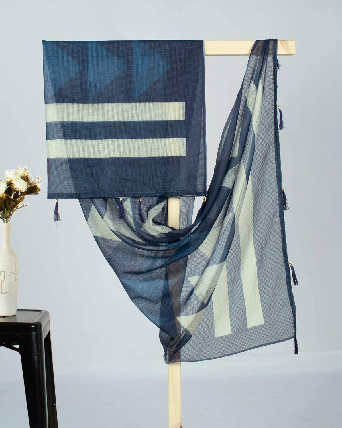 Prussian Blue And Ivory Cream Geometric Pattern Digital Print Kota Doria Dupatta With Tassels - Fabcurate