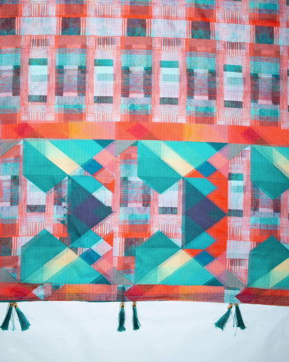Pine Green And Fire Orange Geometric Pattern Digital Print Kota Doria Dupatta With Tassels - Fabcurate