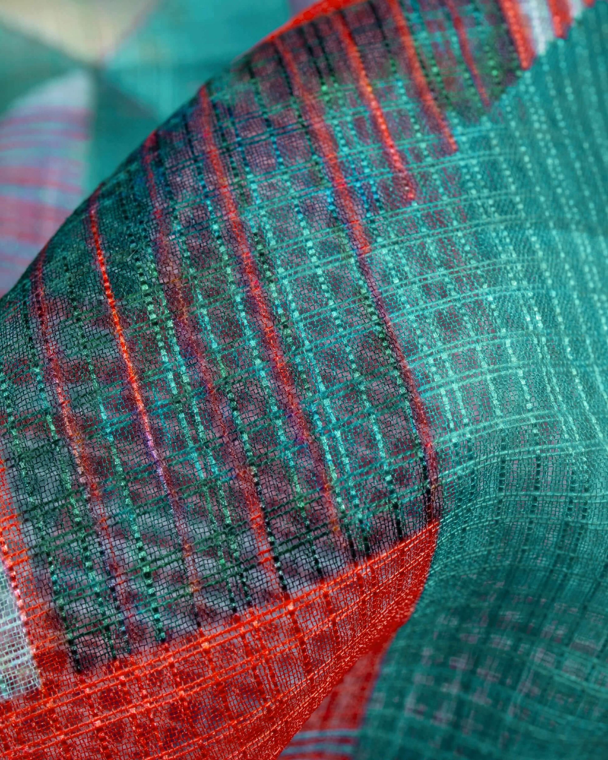 Pine Green And Fire Orange Geometric Pattern Digital Print Kota Doria Dupatta With Tassels - Fabcurate
