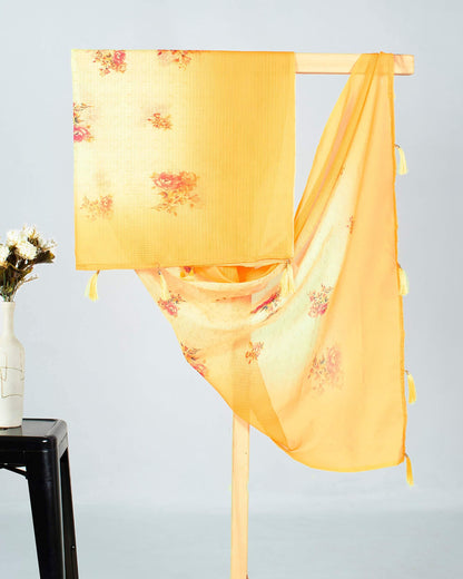 Yellow And Pink Floral Pattern Digital Print Kota Doria Dupatta With Tassels - Fabcurate