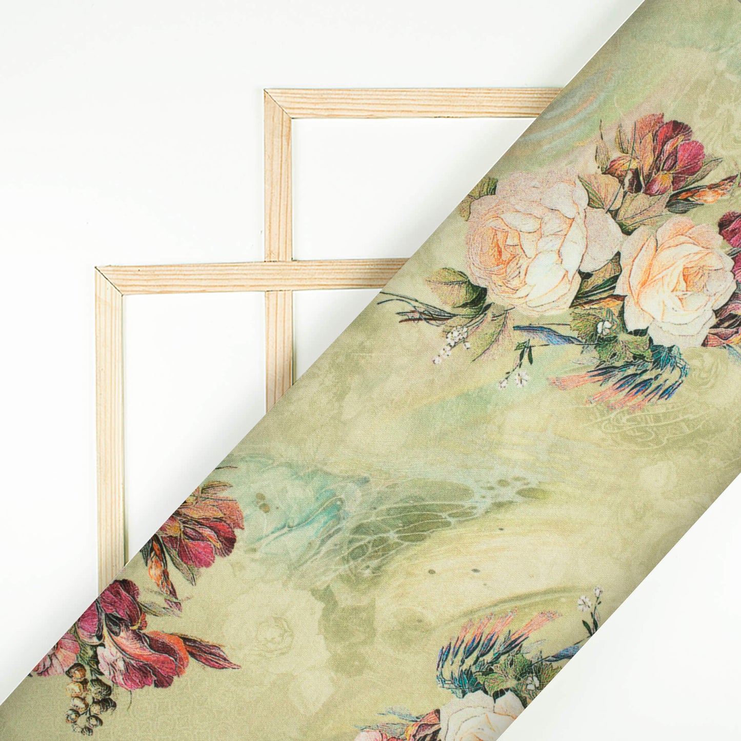 Sage Green And Salmon Orange Floral Pattern Digital Print Premium Lush Satin Fabric