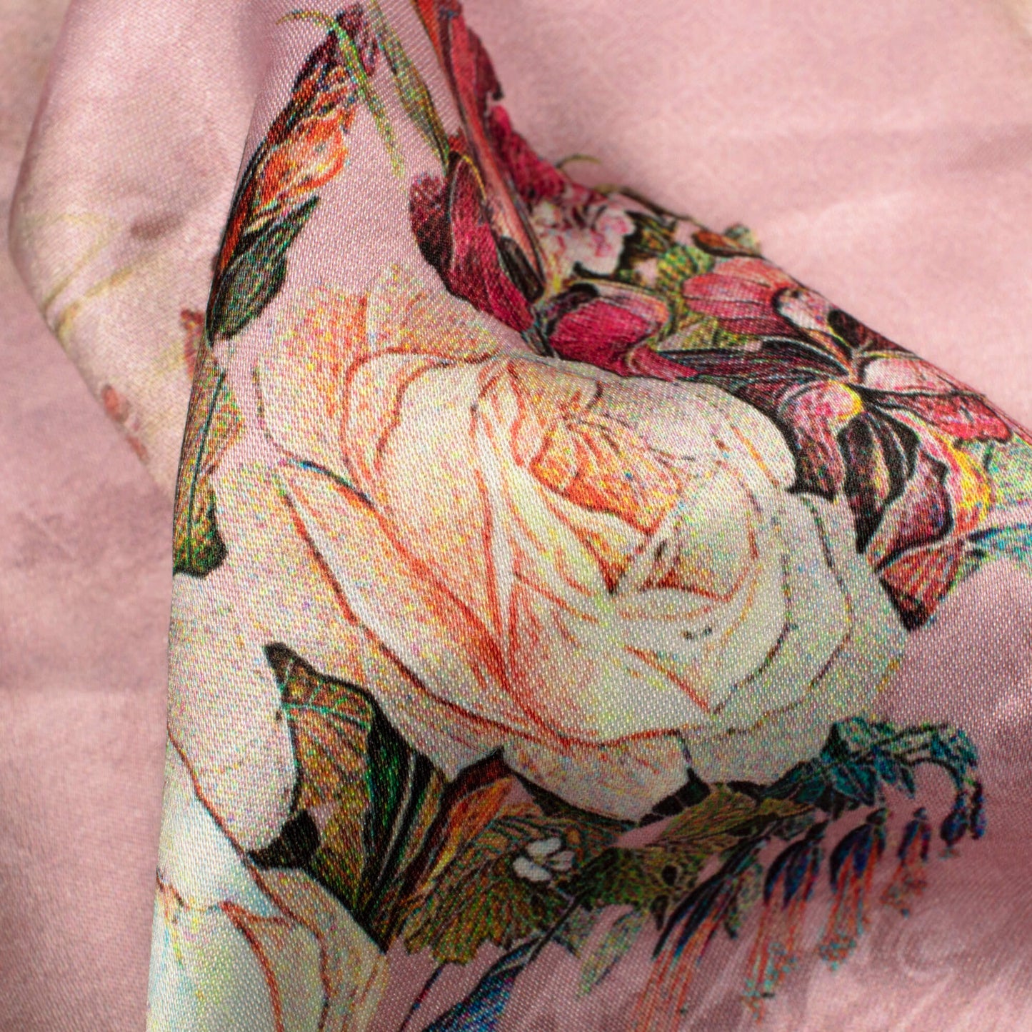 Thulian Pink And Salmon Orange Floral Pattern Digital Print Premium Lush Satin Fabric