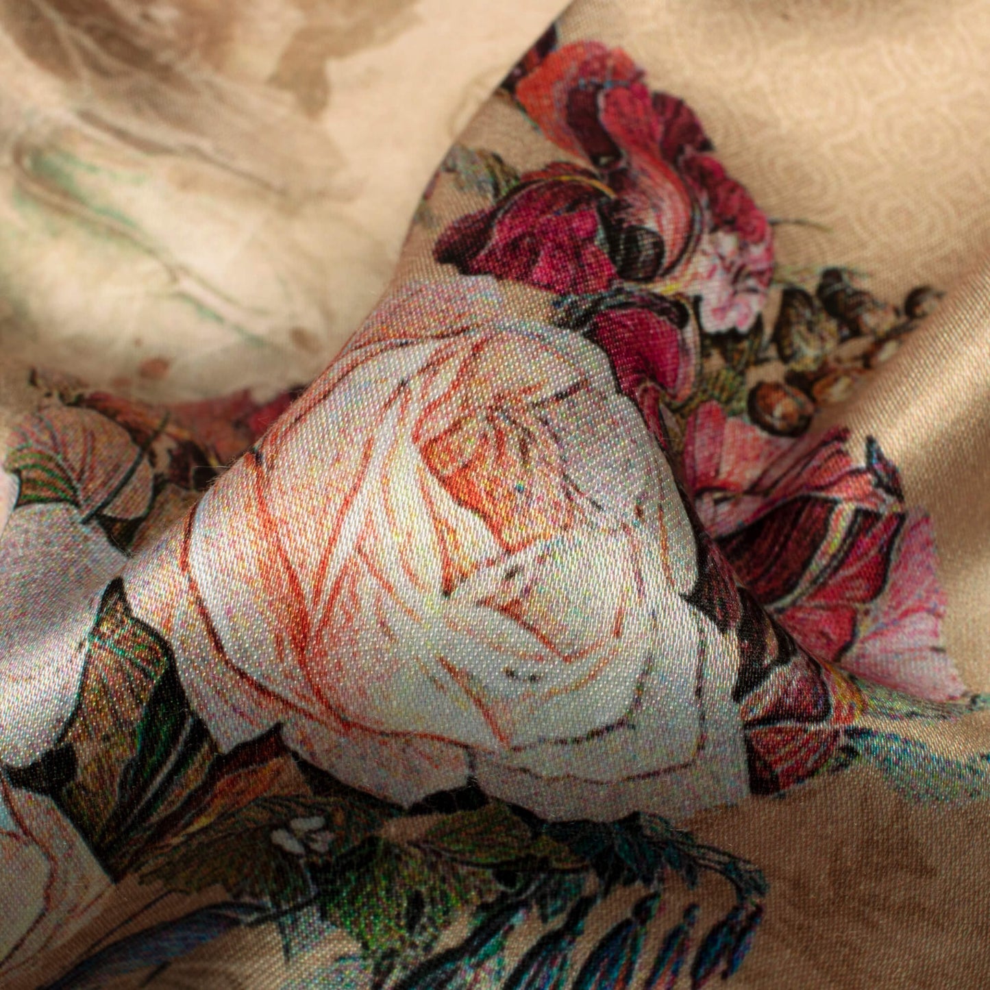 Camel Brown And Salmon Orange Floral Pattern Digital Print Premium Lush Satin Fabric