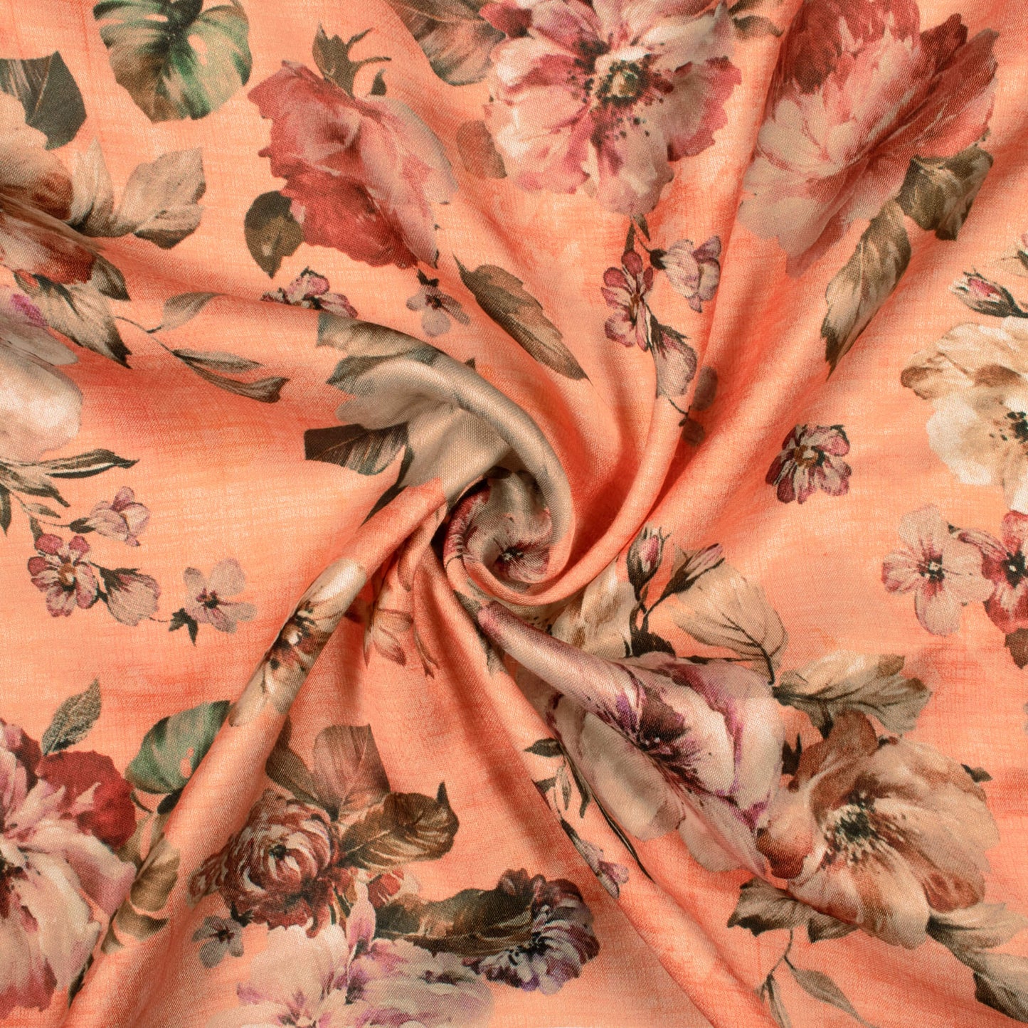 Salmon Orange And Army Green Floral Pattern Digital Print Premium Lush Satin Fabric