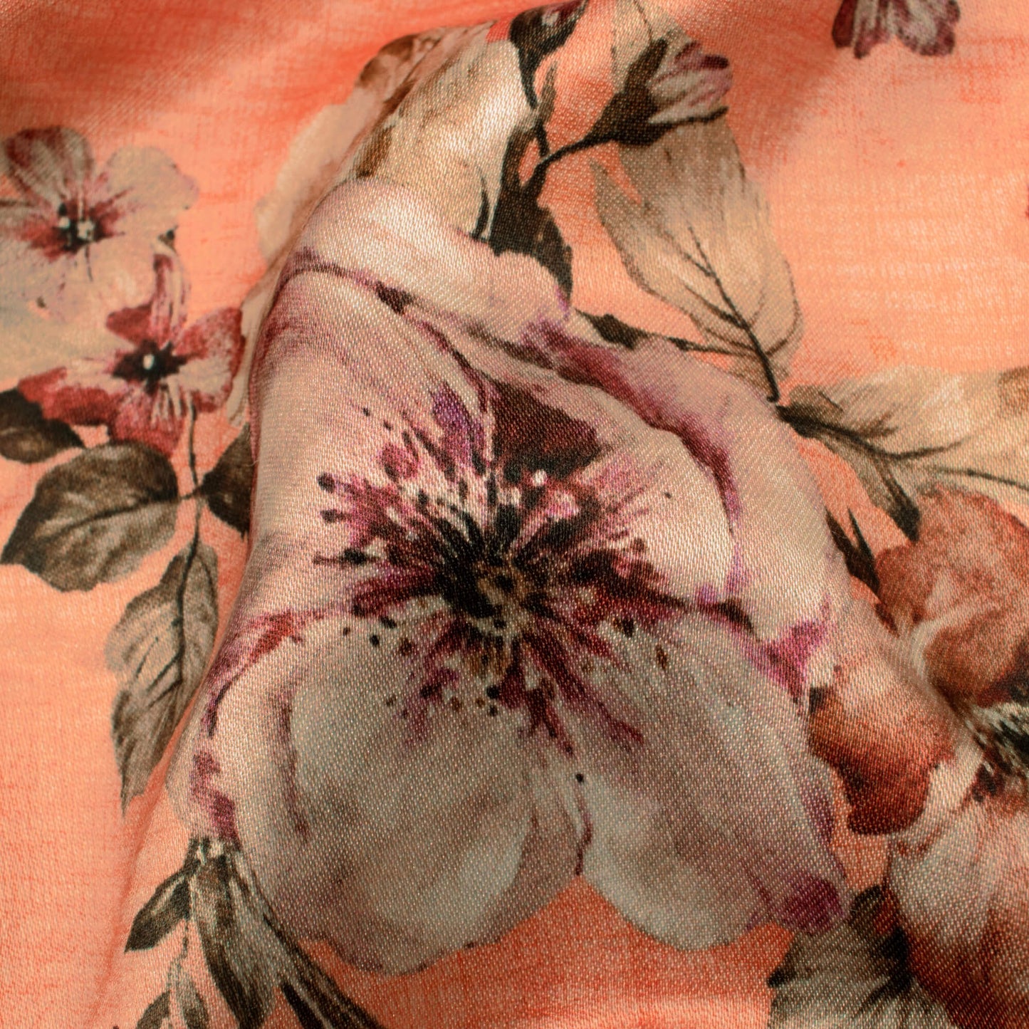 Salmon Orange And Army Green Floral Pattern Digital Print Premium Lush Satin Fabric