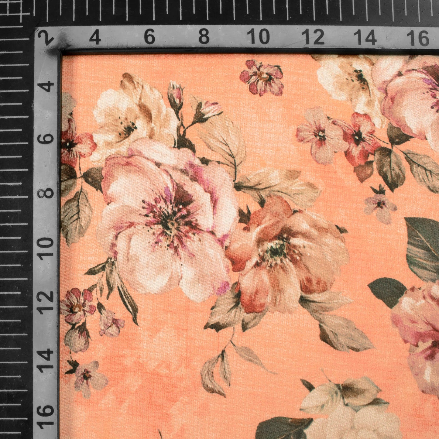 Salmon Orange And Army Green Floral Pattern Digital Print Premium Lush Satin Fabric