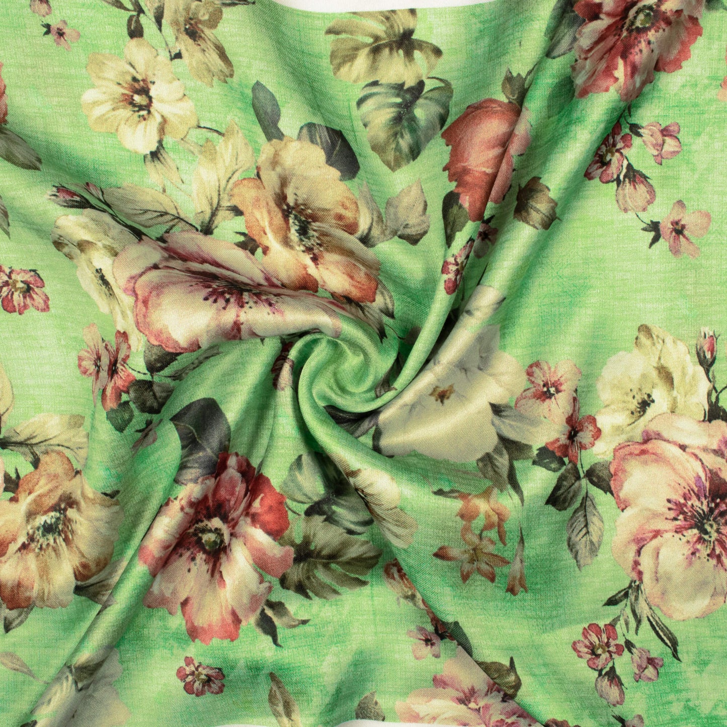 Paris Green And Coral Peach Floral Pattern Digital Print Premium Lush Satin Fabric