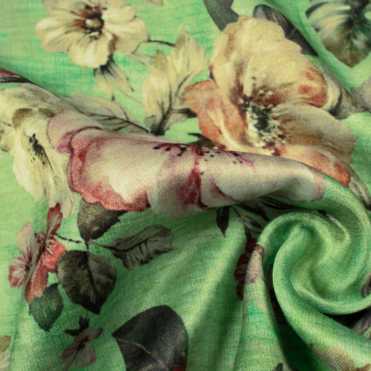 Paris Green And Coral Peach Floral Pattern Digital Print Premium Lush Satin Fabric