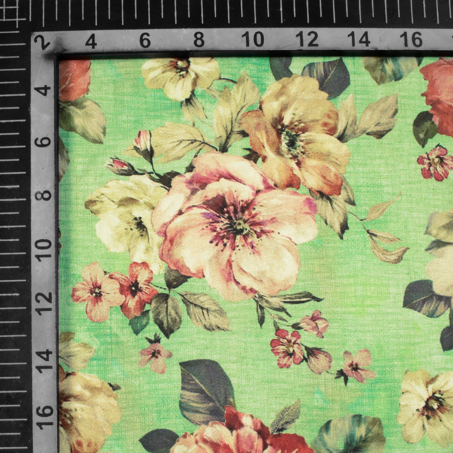 Paris Green And Coral Peach Floral Pattern Digital Print Premium Lush Satin Fabric