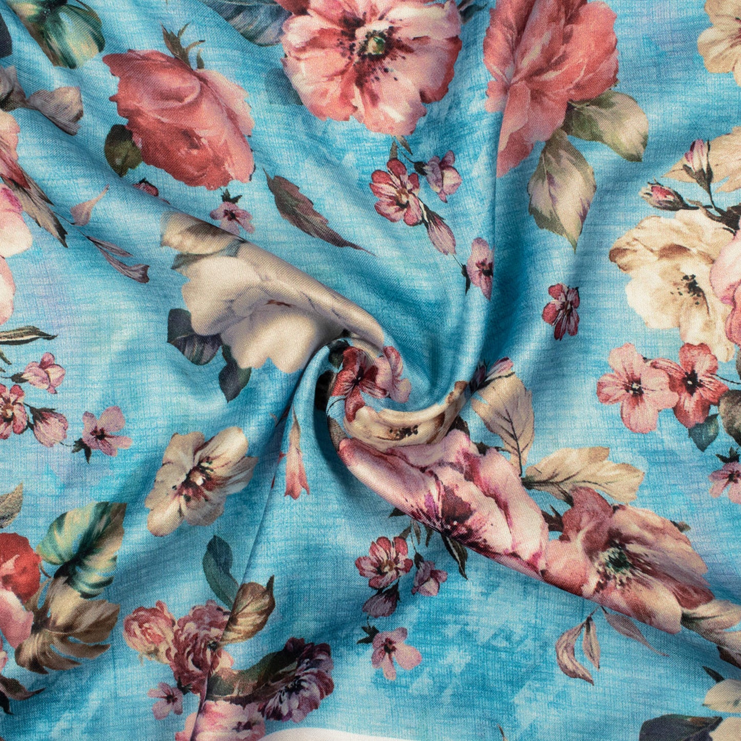 Jordy Blue And Pink Floral Pattern Digital Print Premium Lush Satin Fabric