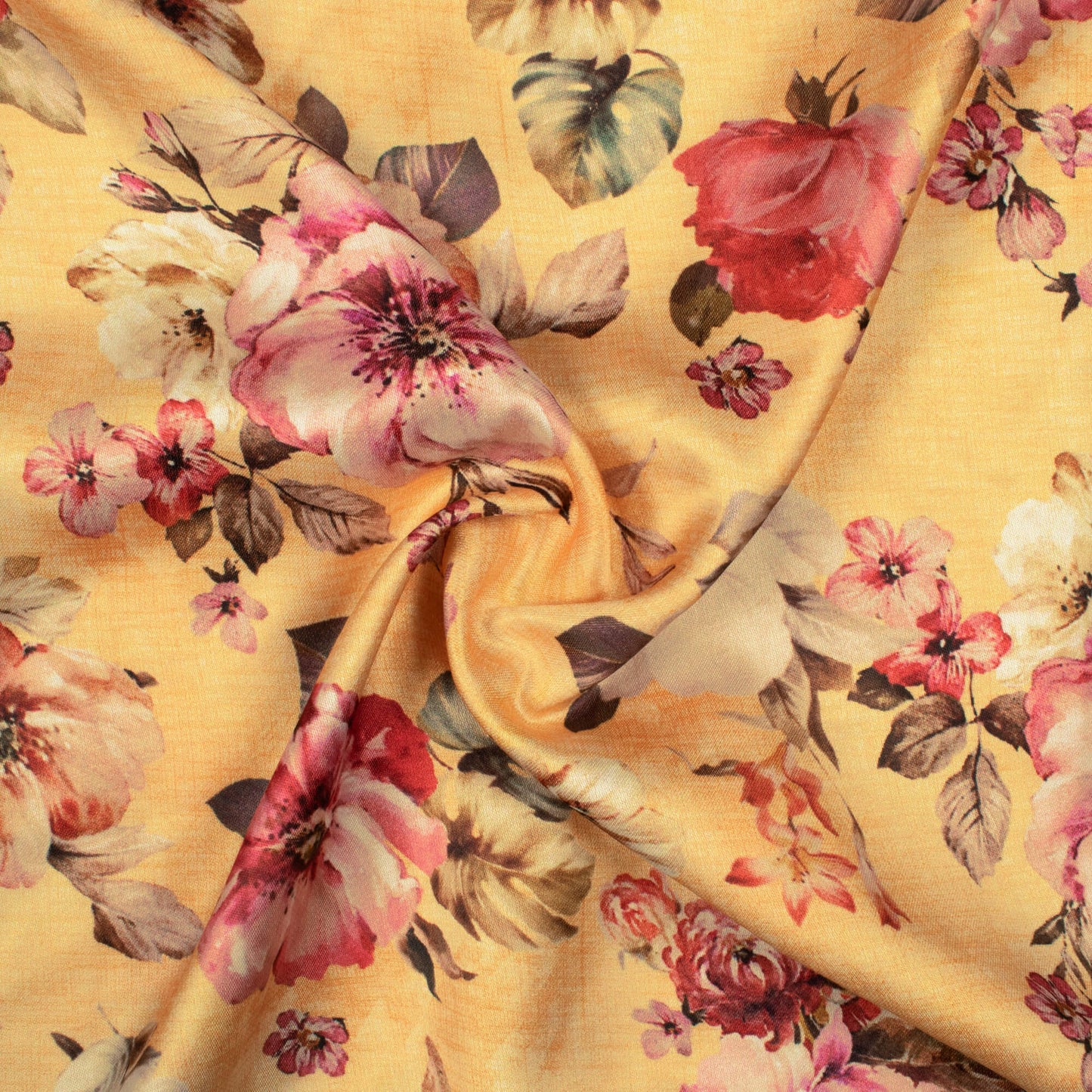 Royal Yellow And Pink Floral Pattern Digital Print Premium Lush Satin Fabric