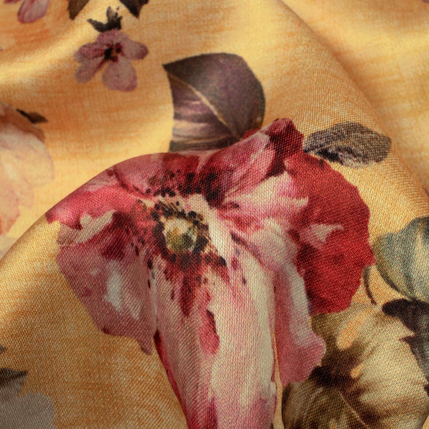 Royal Yellow And Pink Floral Pattern Digital Print Premium Lush Satin Fabric