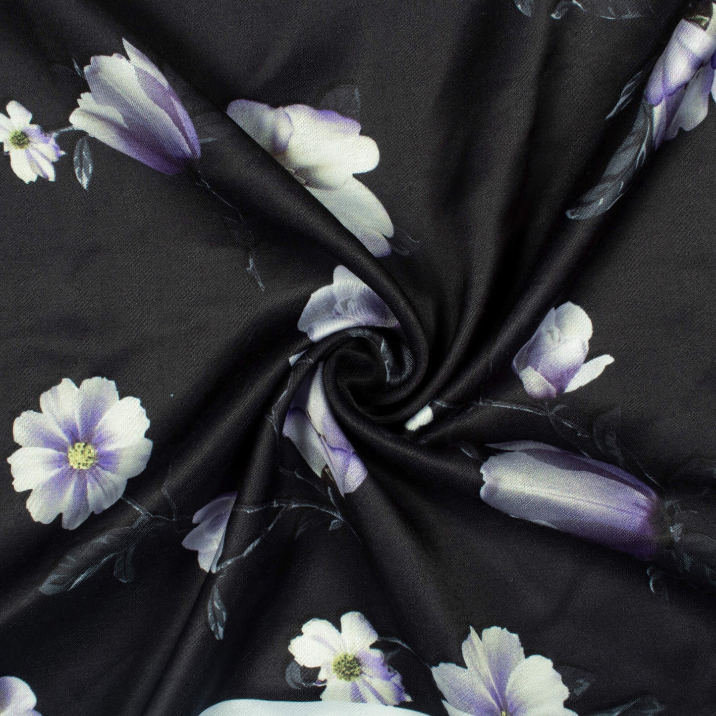 Black And Cream Floral Pattern Digital Print Premium Lush Satin Fabric
