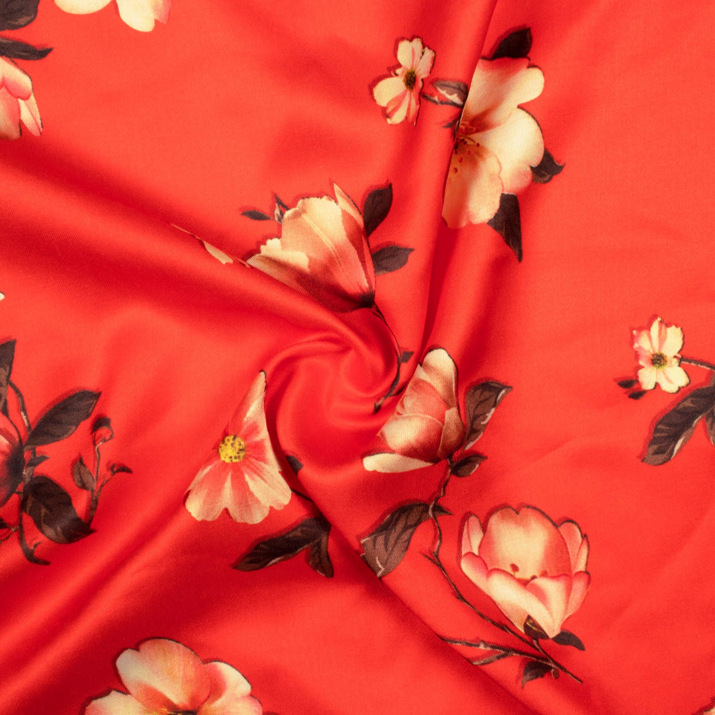 Scarlet Red And Pink Floral Pattern Digital Print Premium Lush Satin Fabric