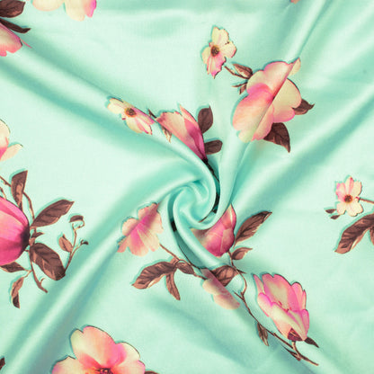 Pale Turquoise And Pink Floral Pattern Digital Print Premium Lush Satin Fabric