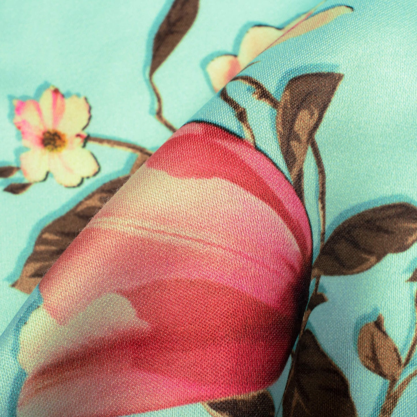 Pale Turquoise And Pink Floral Pattern Digital Print Premium Lush Satin Fabric