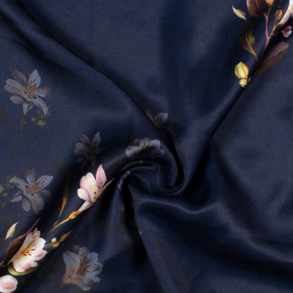 Navy Blue And White Floral Pattern Digital Print Premium Lush Satin Fabric