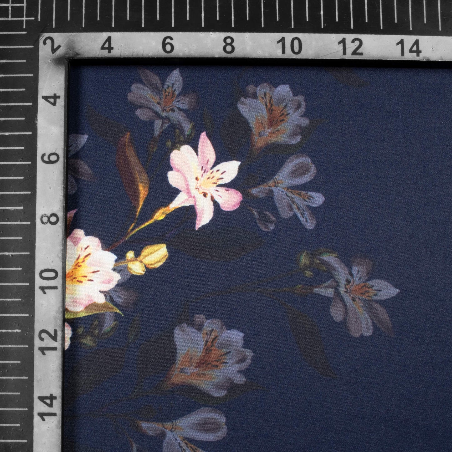 Navy Blue And White Floral Pattern Digital Print Premium Lush Satin Fabric