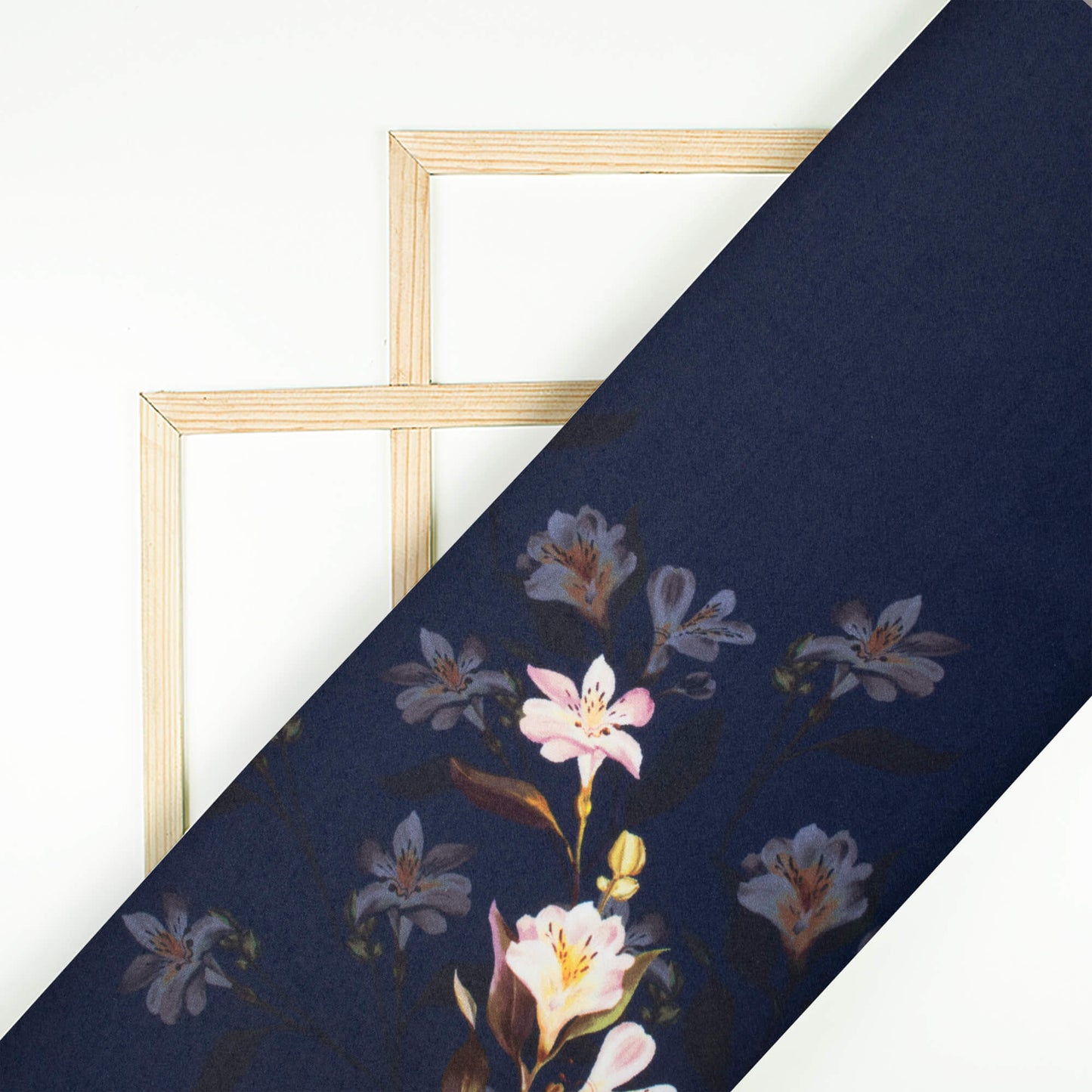Navy Blue And White Floral Pattern Digital Print Premium Lush Satin Fabric