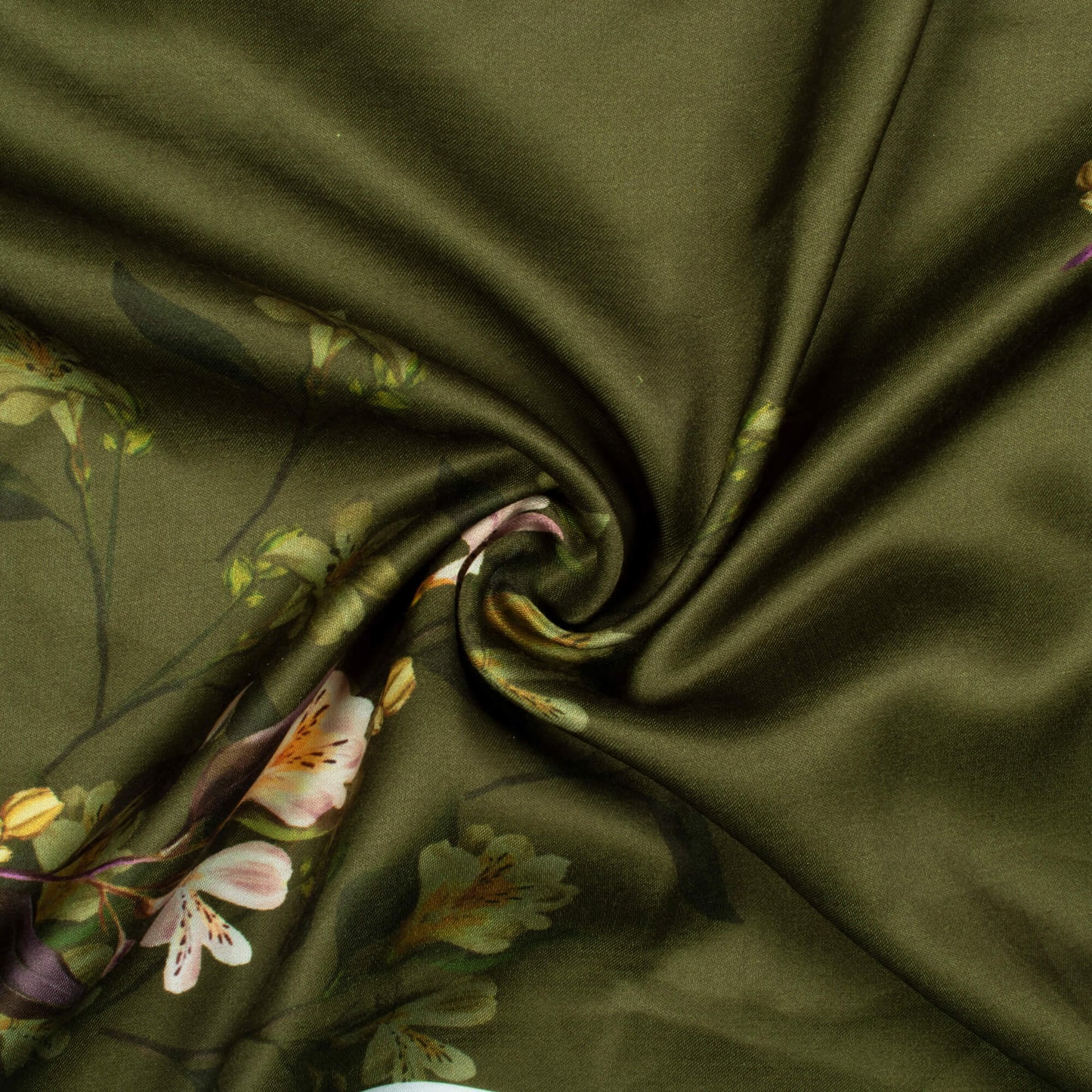 Army Green And White Floral Pattern Digital Print Premium Lush Satin Fabric